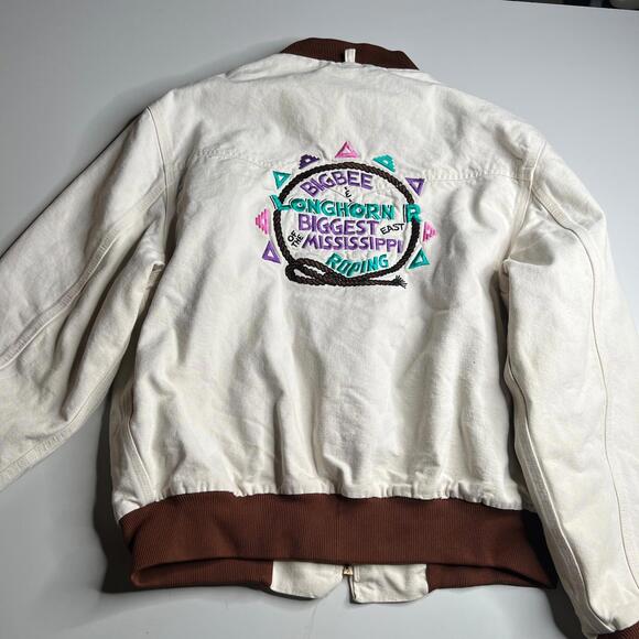 Vintage 90s Carhartt Canvas Bomber Jacket Cream Brown Rodeo Embroidered Western - Picture 2 of 13